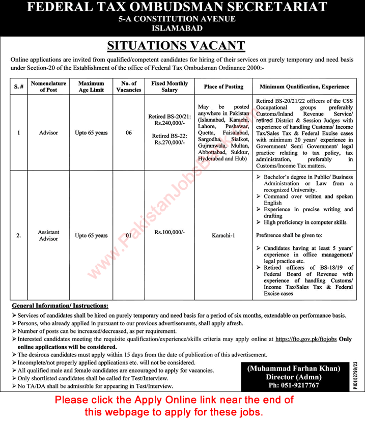 Assistant Advisor Jobs in FTO November 2023 Apply Online Federal Tax Ombudsman Latest