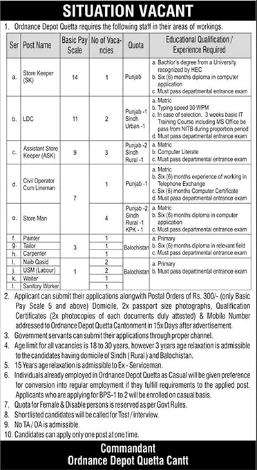Ordnance Depot Quetta Jobs November 2023 Store Keepers & Others Pak Army Latest