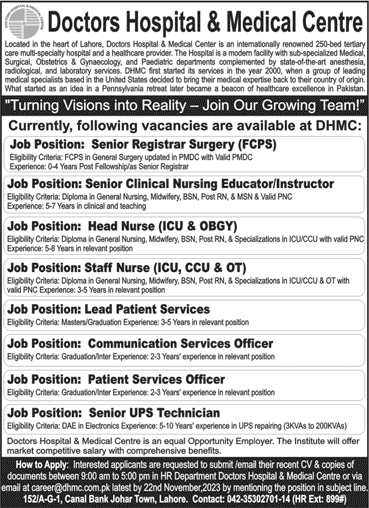 Doctors Hospital and Medical Center Lahore Jobs 2023 November Nurse & Others Latest