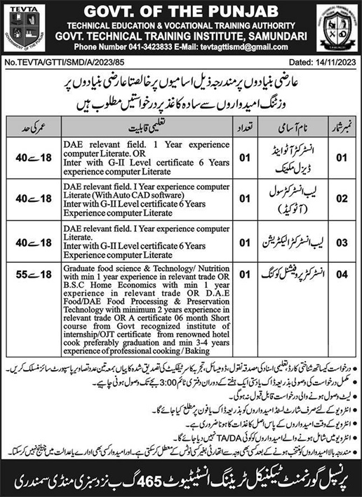 Instructor Jobs in TEVTA Faisalabad 2023 November Government Technical Training Institute Latest