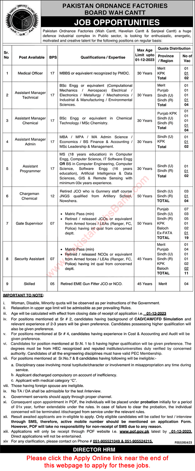 POF Jobs November 2023 Apply Online Pakistan Ordnance Factories Assistant Managers & Others Latest