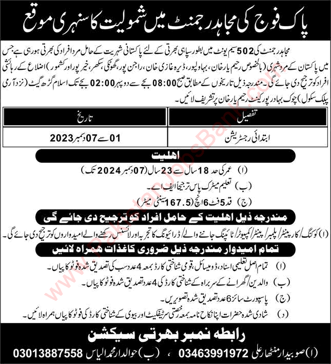 Sipahi Jobs in Mujahid Regiment November 2023 502 Semi-Activated Unit Force Latest