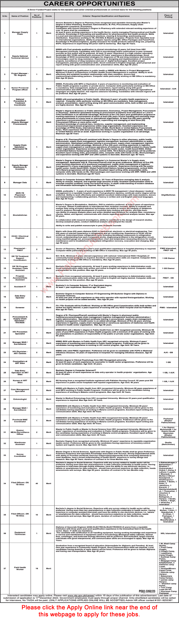 National TB Control Program Jobs December 2023 NTP Online Apply Field Officers & Others Latest