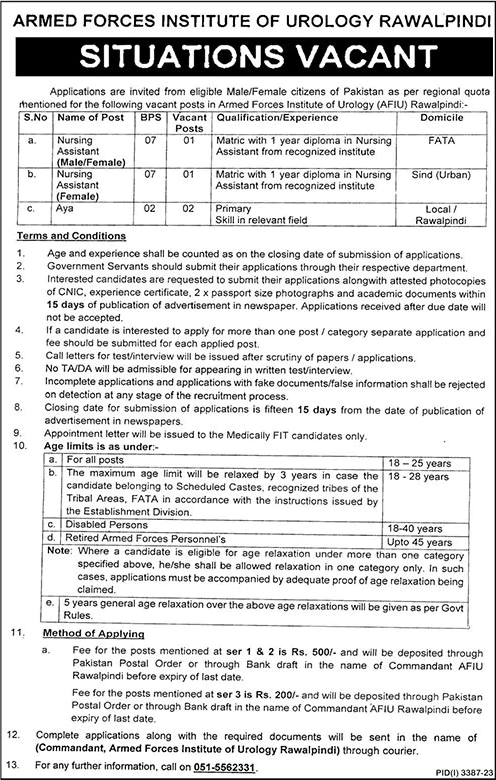 Armed Forces Institute of Urology Rawalpindi December Jobs 2023 AFIU Latest