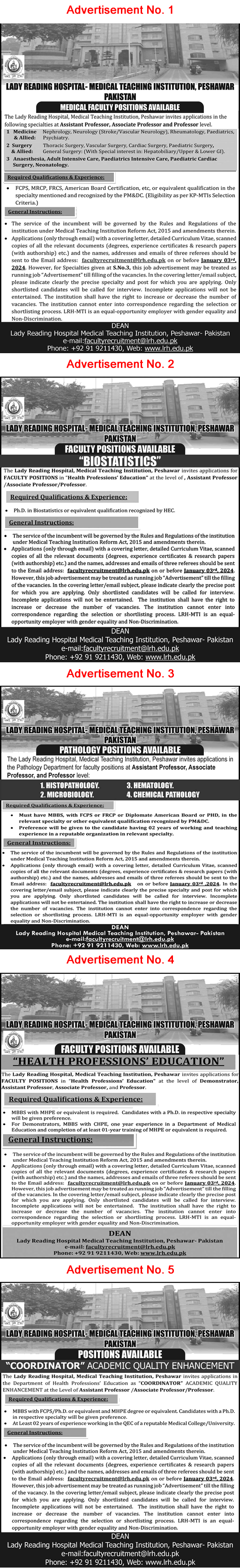 Lady Reading Hospital Peshawar Jobs December 2023 Teaching Faculty & Others Medical Teaching Institution Latest