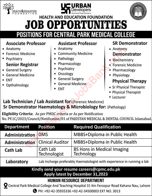 Central Park Medical College and Teaching Hospital Lahore Jobs December 2023 / 2024 Teaching Faculty & Others Latest
