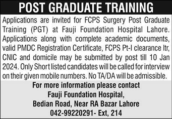 Fauji Foundation Hospital Lahore FCPS Postgraduate Training December 2023 / 2024 Latest