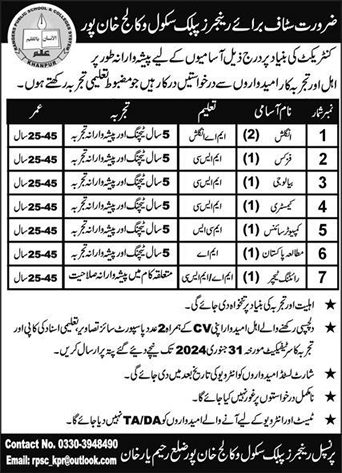 Teaching Jobs in Rangers Public School and College Khanpur 2024 Latest
