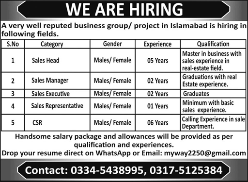 Sales & Marketing Jobs in Islamabad 2024 in Real Estate Company Latest