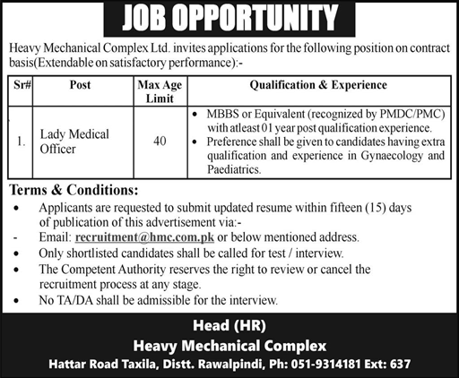 Lady Medical Officer Jobs in HMC Taxila February 2024 Heavy Mechanical Complex Ltd Latest