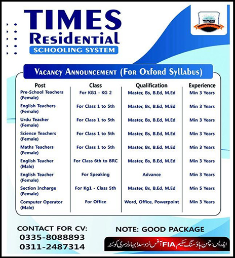 Times Residential School Quetta Jobs 2024 February Female Teachers & Others Latest