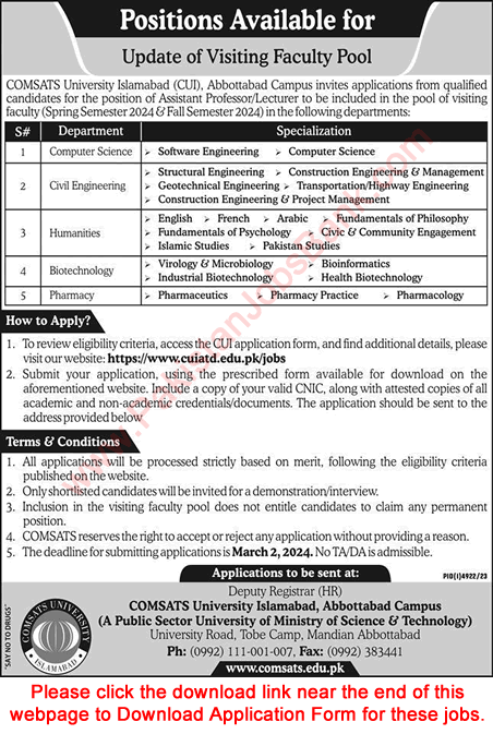 Visiting Faculty Jobs in COMSATS University Abbottabad February 2024 CUI Application Form Latest
