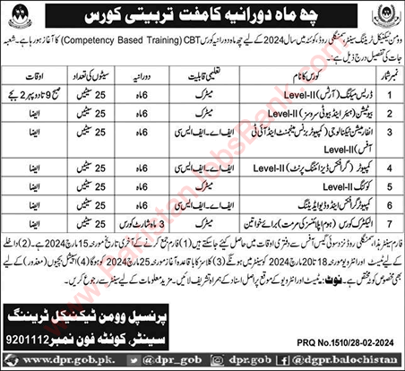 Free Training Courses in Women Technical Training Centre Quetta 2024 February / March CBT Latest