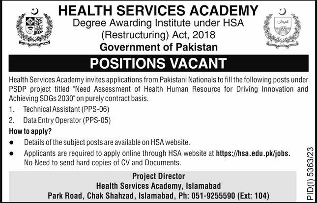 Health Services Academy Islamabad Jobs 2024 March HSA Technical Assistant & Data Entry Operator Latest