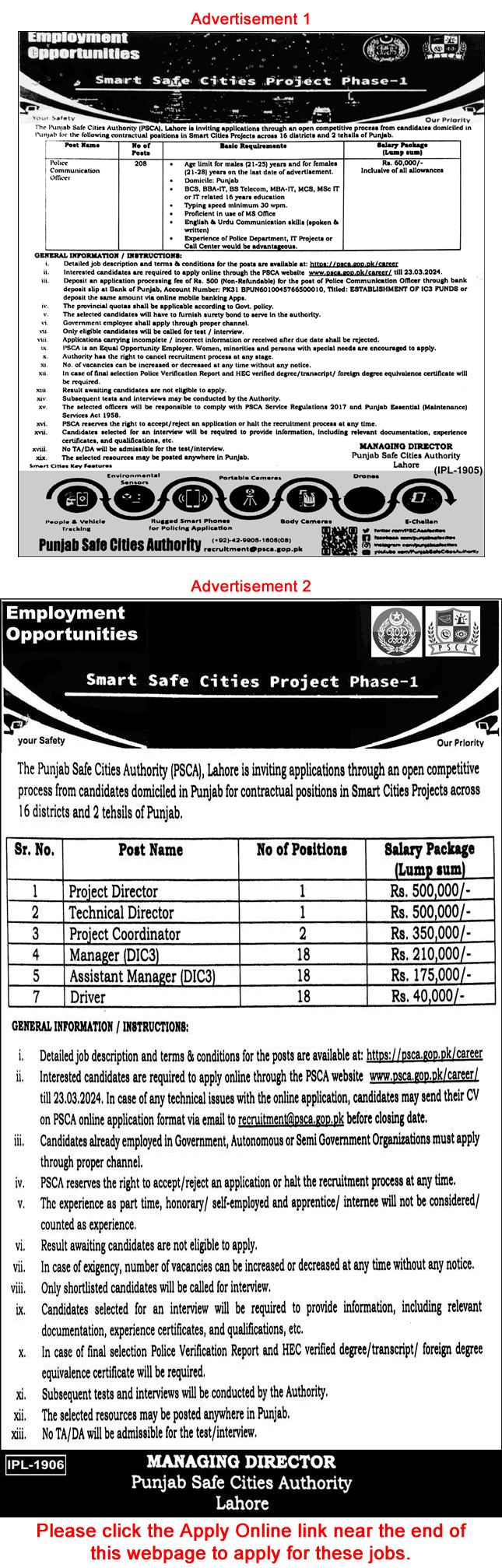 Punjab Safe Cities Authority Jobs March 2024 Apply Online Police Communication Officers & Others PSCA Latest