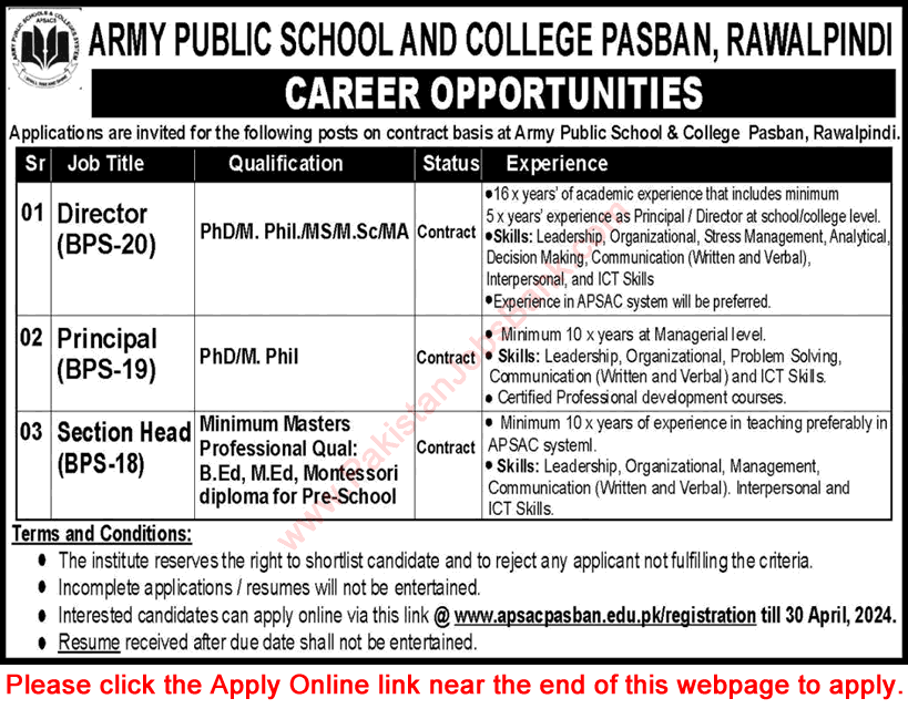 Army Public School and College Pasban Rawalpindi Jobs April 2024 APS Section Head, Principal & Director Latest