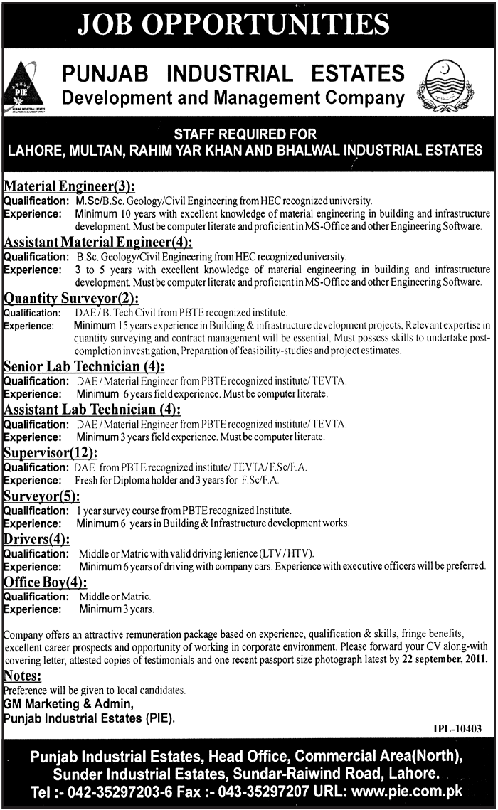 Job Opportunities in Punjab Industrial Estates Development and Management Company