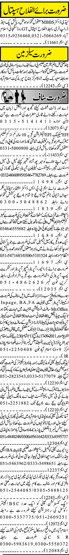 Misc. Jobs in Jang Rawalpindi Classified 1