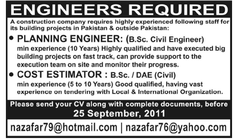 Engineers Required in Construction Company