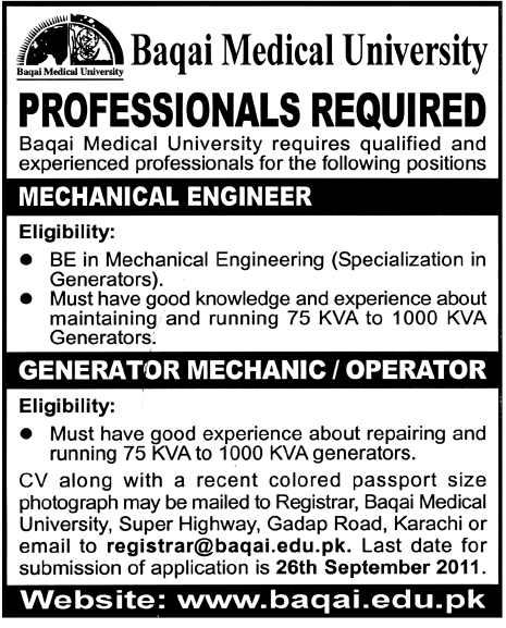 Professionals Required in Baqai Medical University