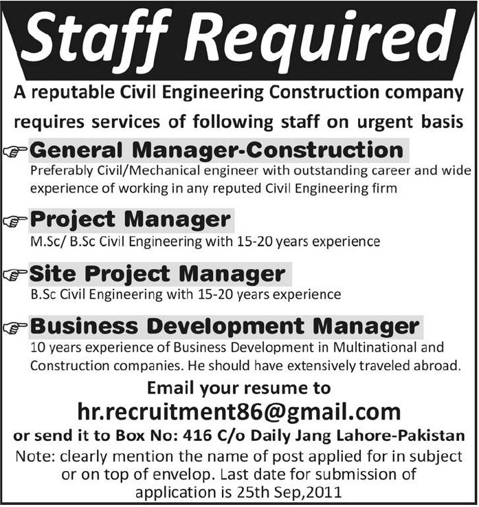 Staff Required on Urgent Basis in Civil Engineering Construction Company