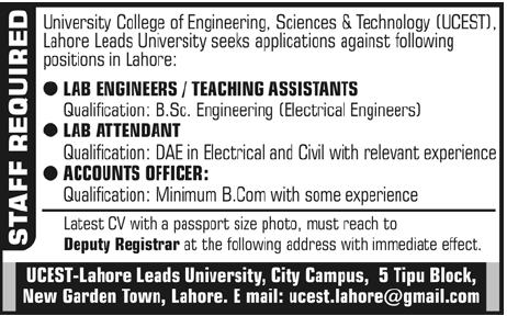 Staff Required in University College of Engineering, Science & Technology (UCEST)