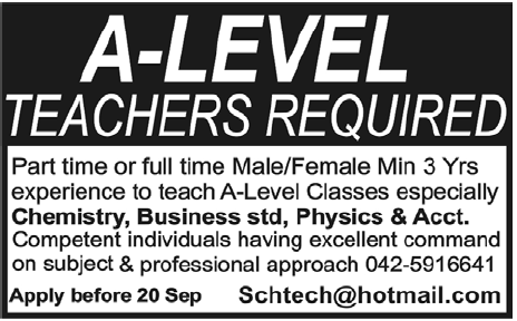 A-Level Teachers Required