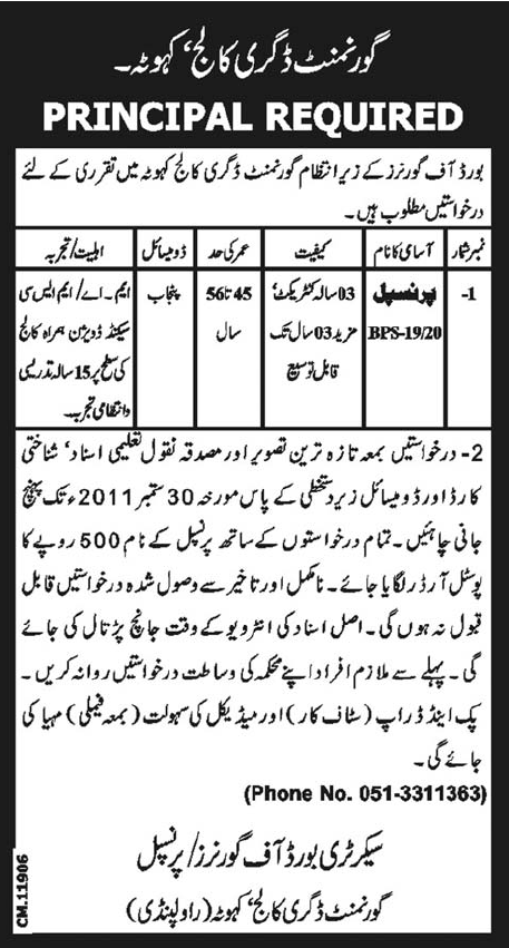 Principal Required for Government Degree College Kahuta