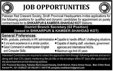 Pakistan Red Crescent Society Invites the Applicants for the Post of Distric Branch Secretary