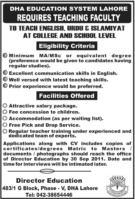 DHA Education System Lahore Requires Teaching Faculty