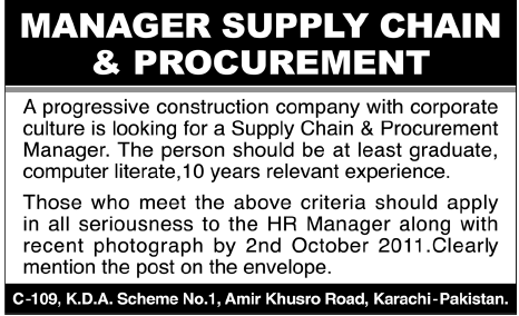 Manager Supply Chain & Procurement Required by a Construction Company