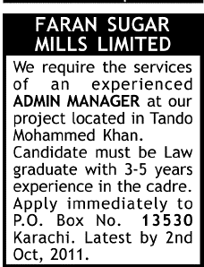 Faran Sugar Mills Limited Requires the services of Admin Manager