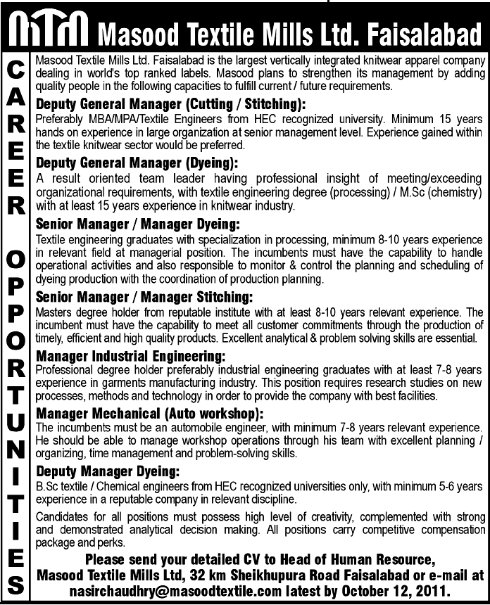 Masood Textile Mills Ltd. Faisalabad Career Opportunities