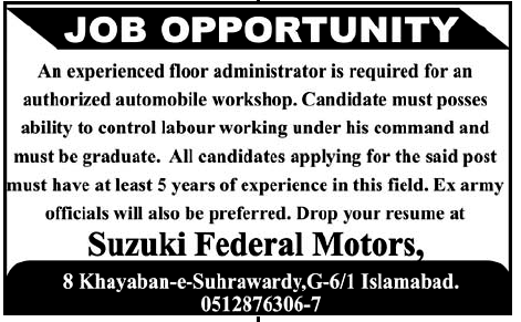 Floor Administrator Required by an Authorized Automobile Workshop