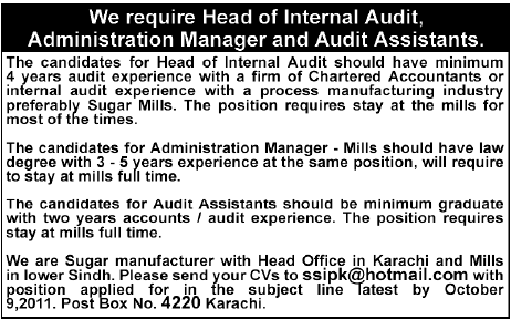 Sugar Manufacturer Company Required Internal Audit, Admin Manager and Audit Assistants