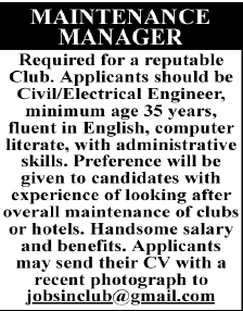 Maintainance Manager Required by a Club
