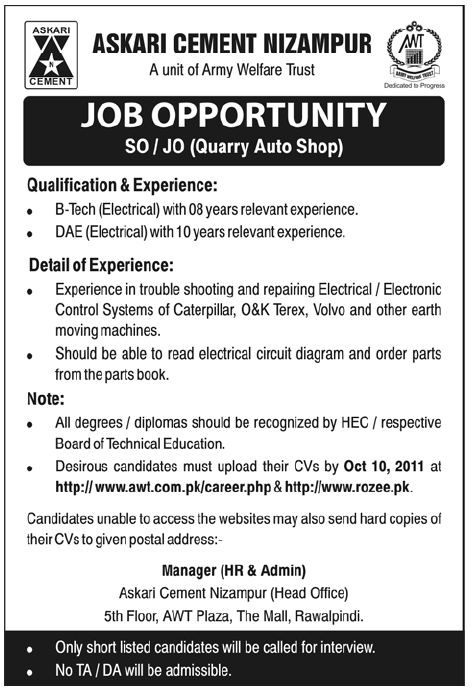 Askari Cement Nizampur Job Opportunity