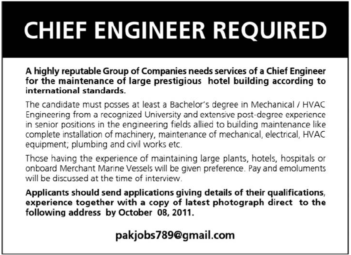 Chief Engineer Required by a Reputable Group of Companies
