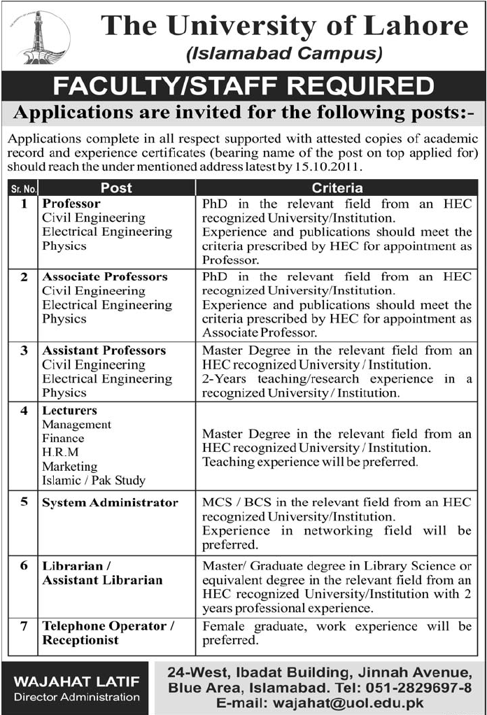 The University of Lahore (Islamabad Campus) Required Faculty/Staff