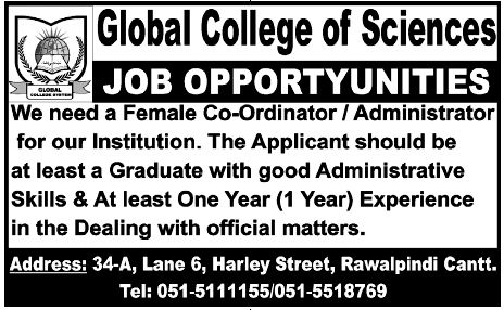 Co-Ordinatior/Administrator Required by Global College of Sciences