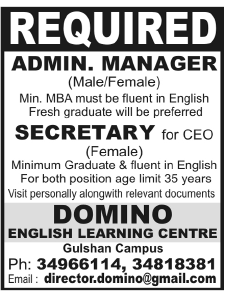 Domino English Learning Centre Required Staff