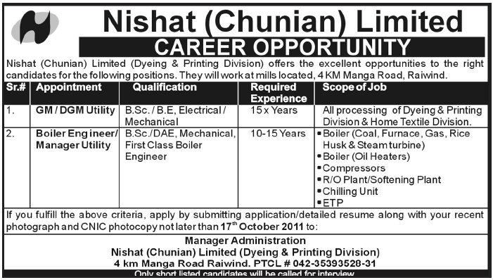 Nishat (Chunian) Limited Career Opportunity