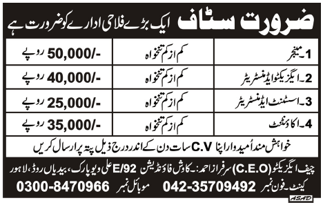 Managerial & other Staff Required by an Kawaish Foundation