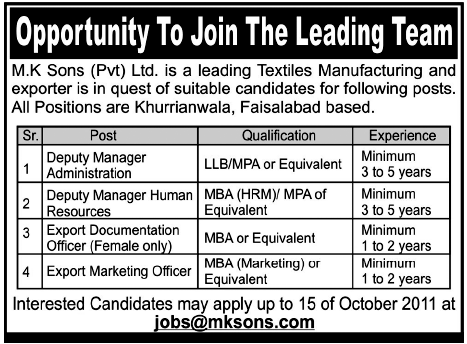 M.K Sons Pvt Ltd. Job Opportunities