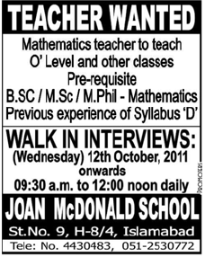 Joan McDonald School Required Teacher