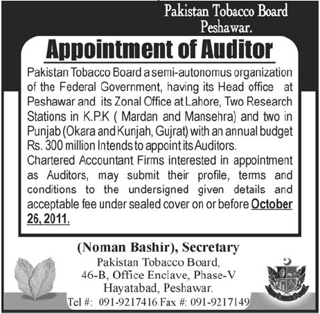 Pakistan Tobacco Board, Peshawar Required Auditors