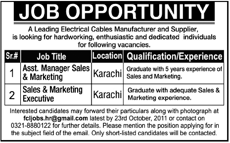 Job Opportunity in Electrical Cables Manufacturer and Supplier