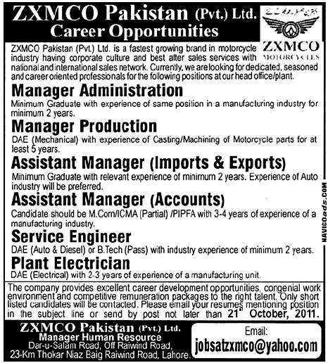 ZYMCO Pakistan Pvt Ltd. Career Opportunities