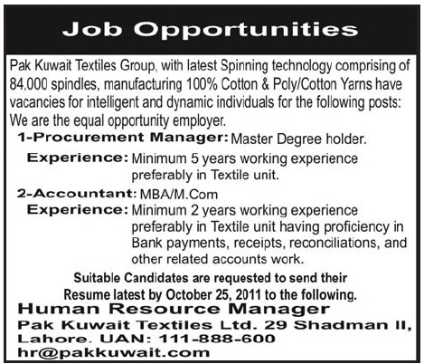 Pak Kuwait Textiles Group Job Opportunities