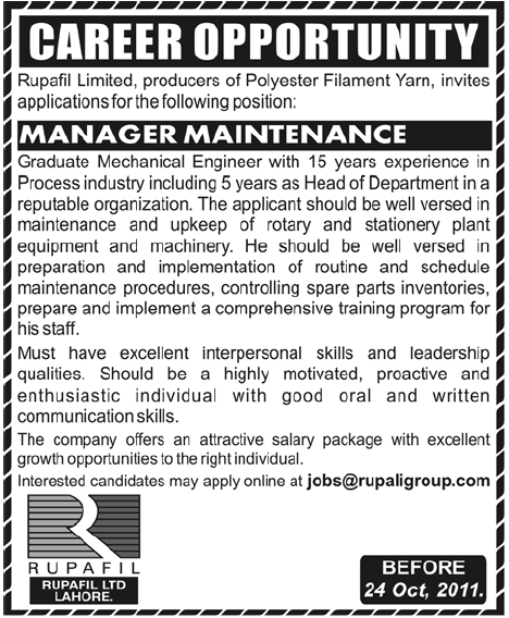 Manager Maintenance Required by Rupafil Limited
